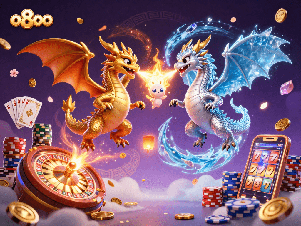 Experience thrilling gameplay with o8oo at the dynamic casino scene featuring dual dragons and gold coins.