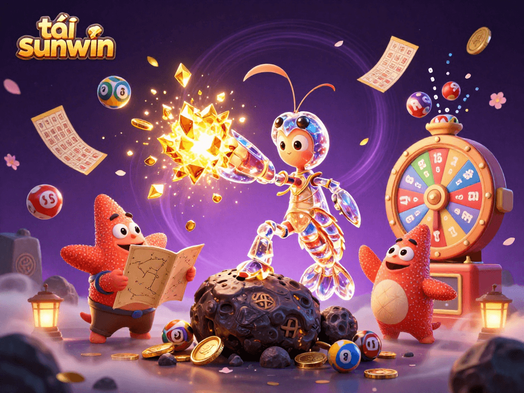 Engage with tải sunwin through a vibrant 3D cartoon scene of a samurai shrimp and starfish amidst dynamic lottery elements.