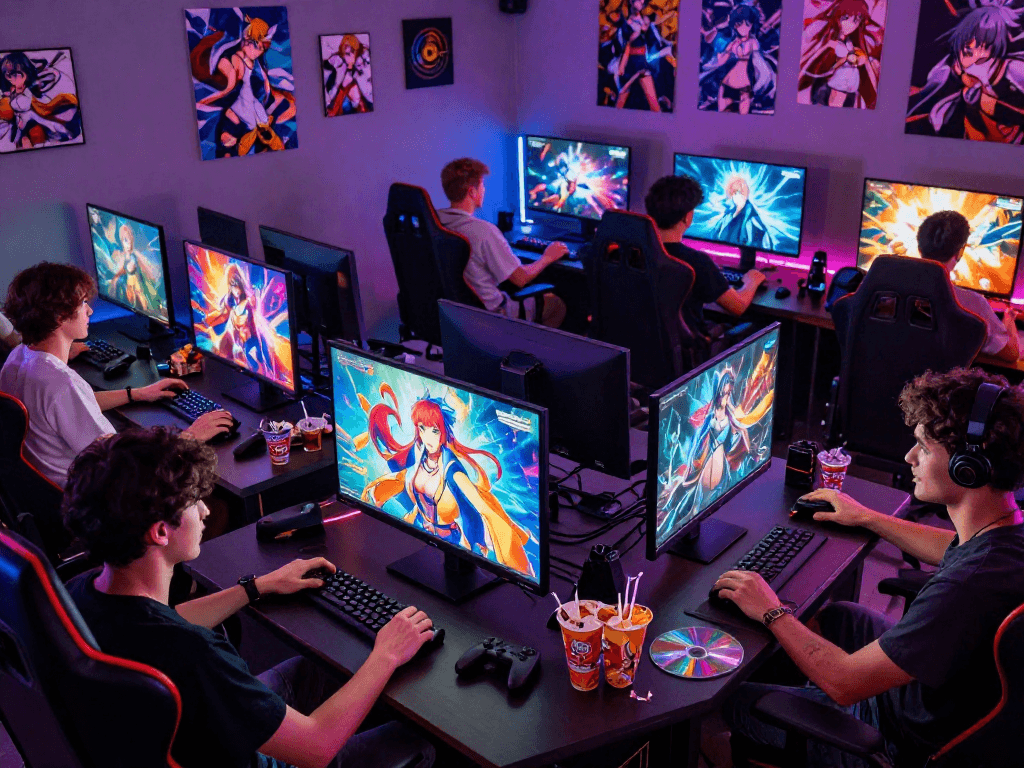 Engaged players enjoying hentai games in a lively gaming lounge atmosphere.