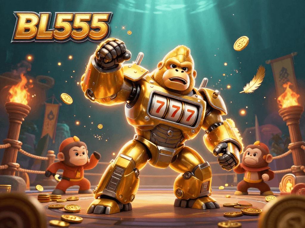 Experience thrilling wins at BL555 with the dynamic golden gorilla mech and vibrant casino elements.