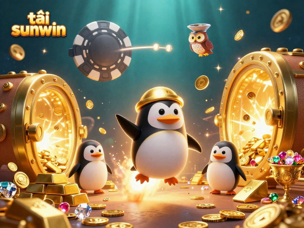 Experience the thrill of tải sunwin as a golden penguin journeys to a casino station with treasures.