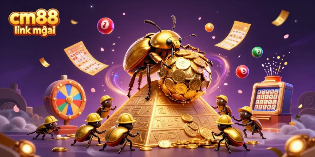Engage with the cm88 link mới in a vibrant, dynamic casino-themed 3D scene featuring golden beetles