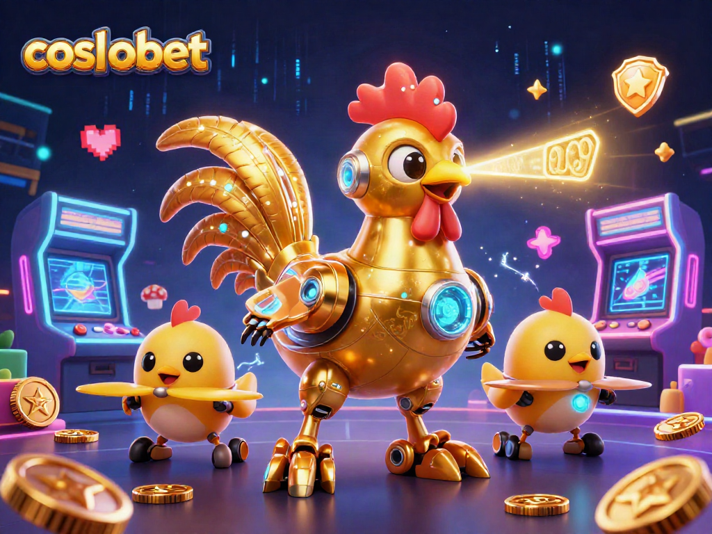 Experience cosmobet excitement with a golden rooster robot and dazzling game elements.