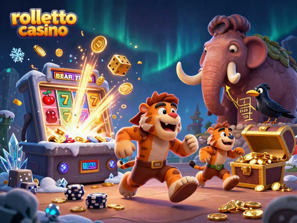 Experience the rolletto casino excitement with lively characters in a dynamic illustration.