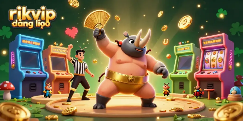 Engage with rikvip đăng nhập through a vibrant 3D scene featuring a rhinoceros beetle Sumo champion in the midst of a casino extravaganza.