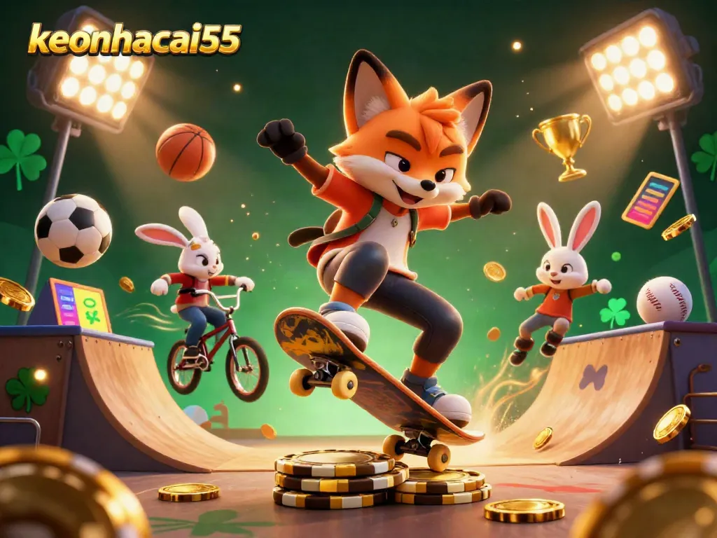 Experience excitement with keonhacai55 in this dynamic 3D scene featuring lively characters over poker chips.