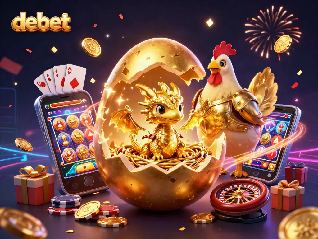 Delve into the debet gaming experience with a golden dragon and vibrant slot elements.
