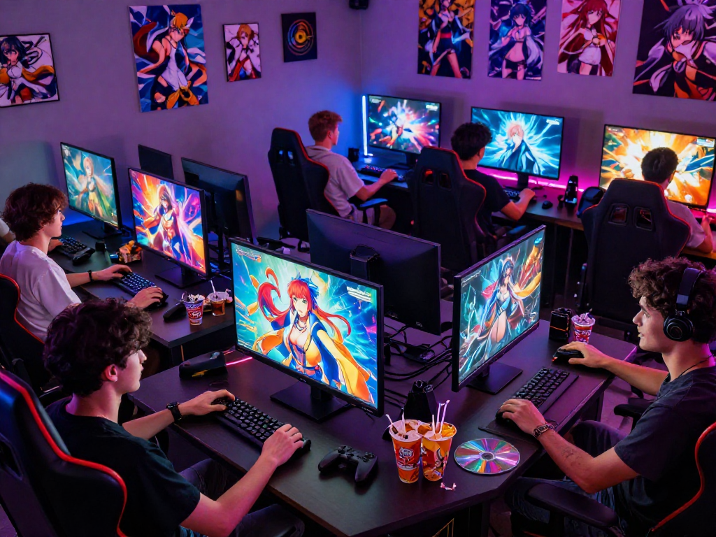 Engaged players enjoying hentai games in a lively gaming lounge atmosphere.