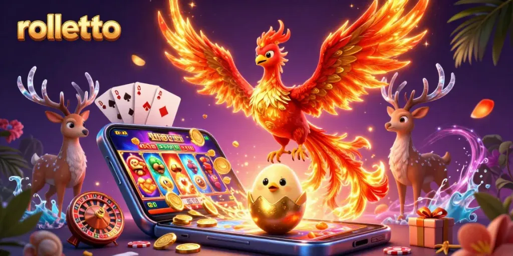 Experience rolletto's vibrant casino world with a phoenix and dynamic gaming elements