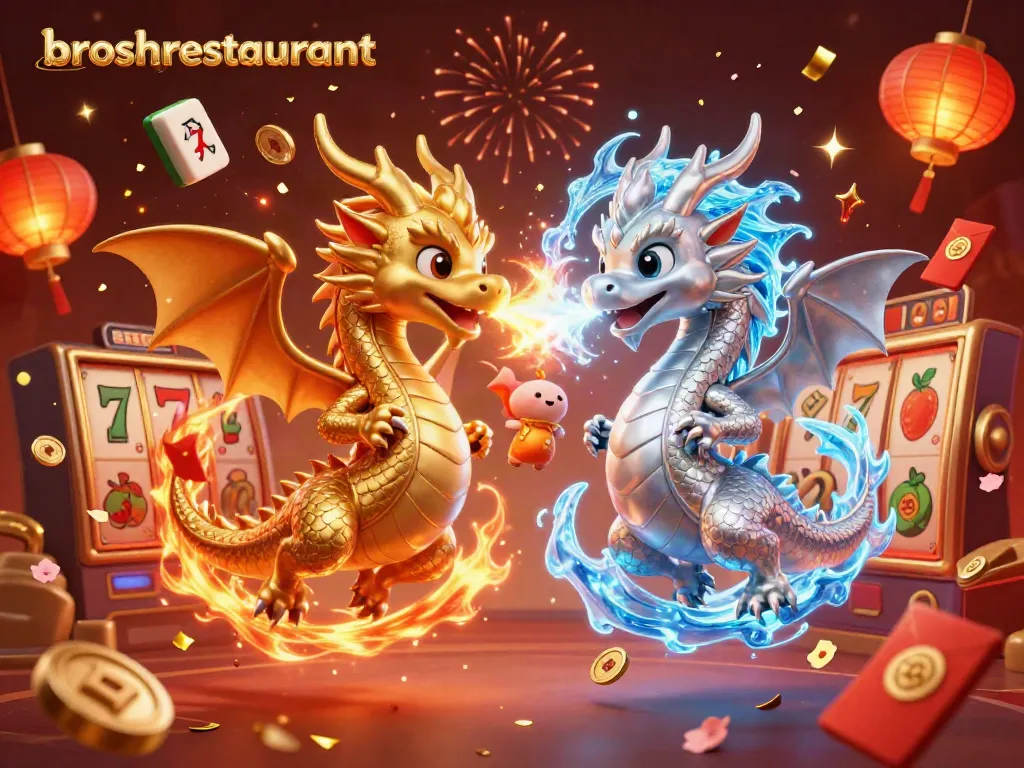 Witness thrilling action at broshrestaurant featuring dragons, slot reels, and festive elements.