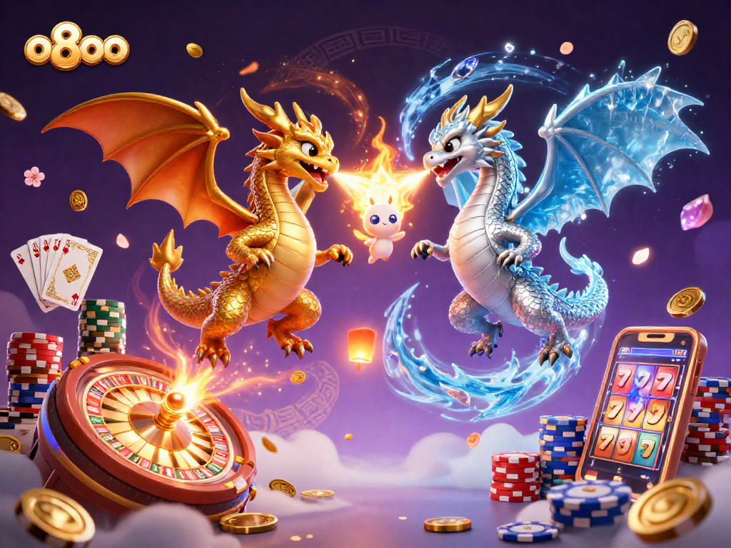 Experience thrilling gameplay with o8oo at the dynamic casino scene featuring dual dragons and gold coins.