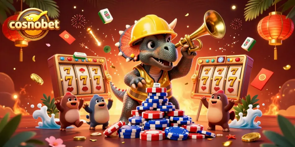 Engage with cosmobet through vibrant casino celebrations featuring a triceratops building poker chip pyramids.