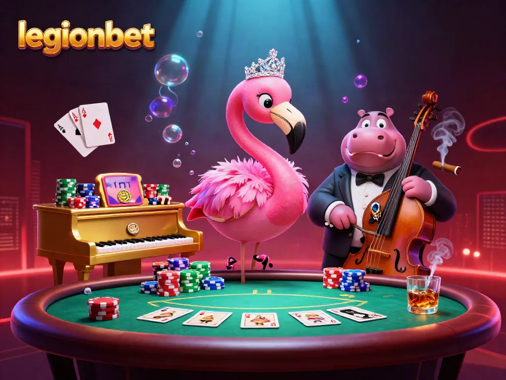 Play at legionbet with a lively casino scene featuring vibrant poker elements and dynamic characters.