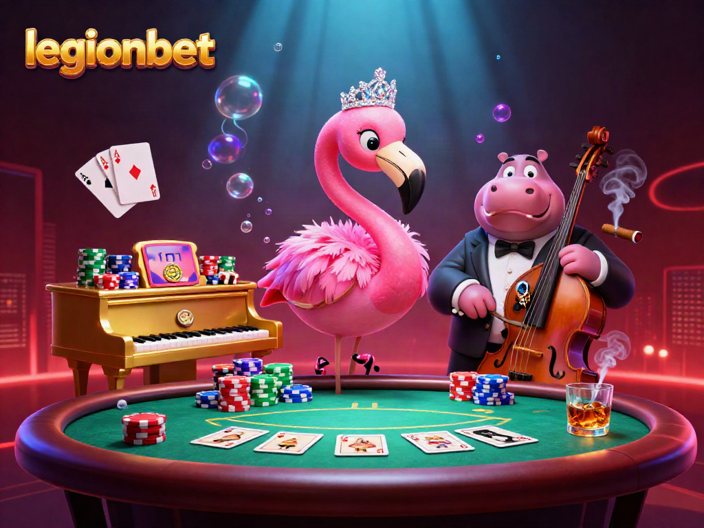 Play at legionbet with a lively casino scene featuring vibrant poker elements and dynamic characters.