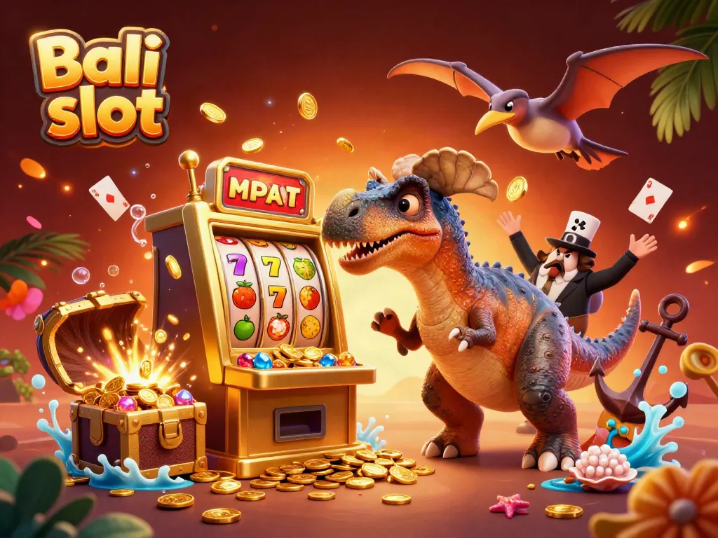 Bali slot thrilling action with cartoon dinosaurs interacting with a jackpot slot machine and golden coins.