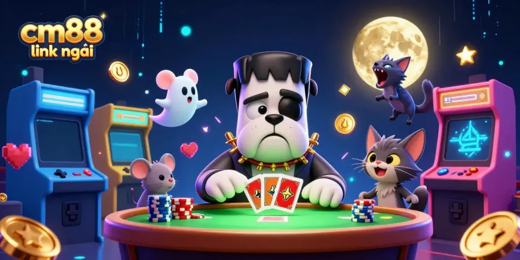 Experience gripping gameplay with cm88 link mới featuring a Frankenstein bulldog dealer and spooky casino elements.