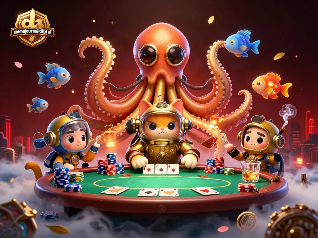 Experience the excitement of ahimajournal-digital with a dynamic casino scene featuring poker chips and a kraken.