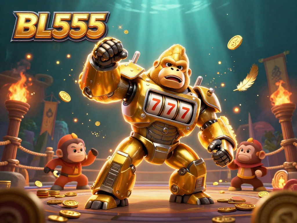 Experience thrilling wins at BL555 with the dynamic golden gorilla mech and vibrant casino elements.