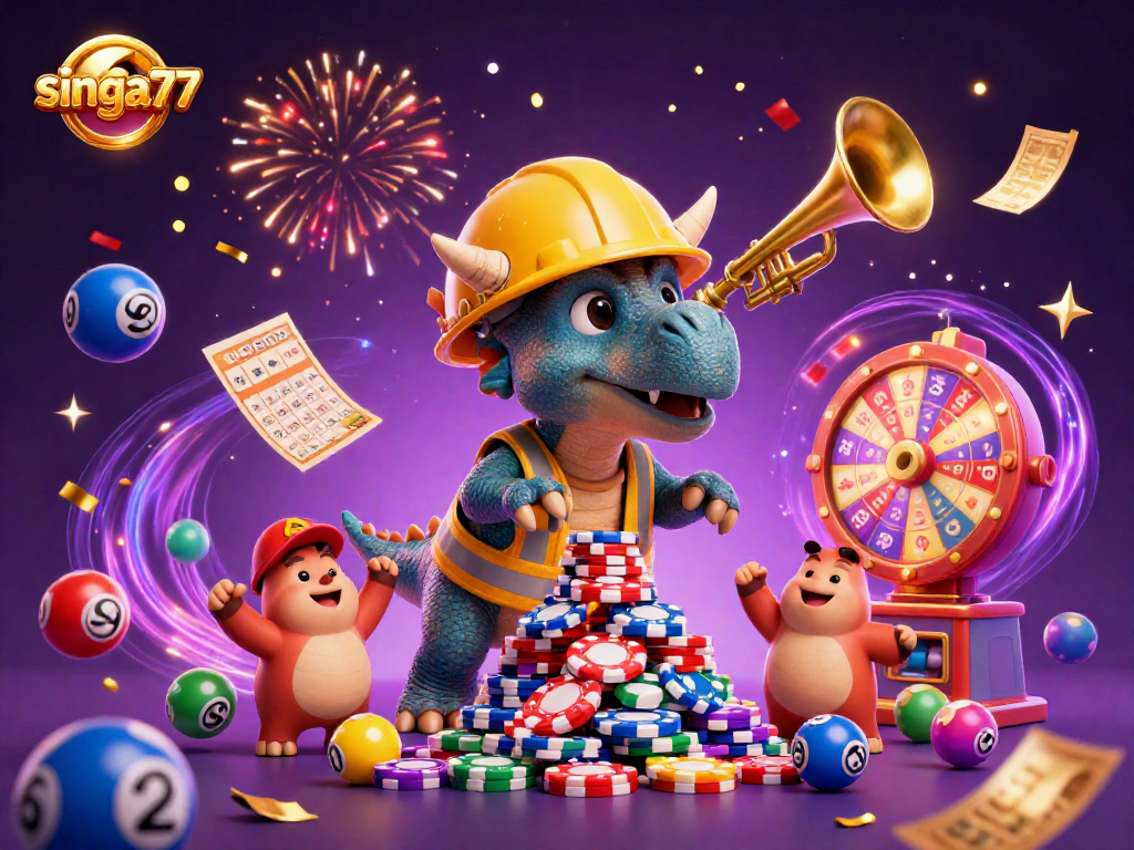 Singa77 celebrates wins with a triceratops building chips and a trumpet-playing parasaurolophus in a lively casino scene.