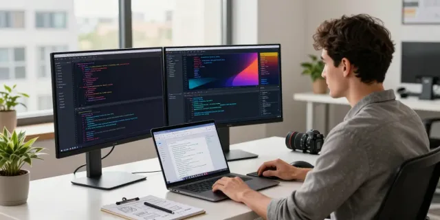 Developer coding in a modern workspace with instant indexing dashboard.