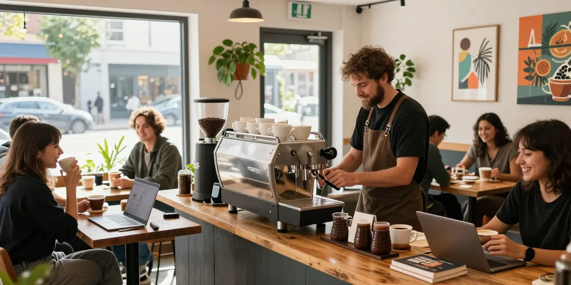 Barista using commercial coffee machines in a vibrant coffee shop atmosphere.