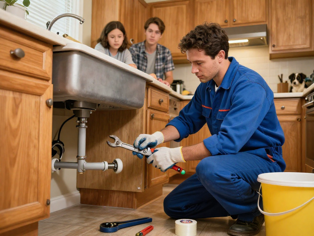 Plumber Fort Worth diagnosing a leaky kitchen pipe with tools visible in a cozy home setting.