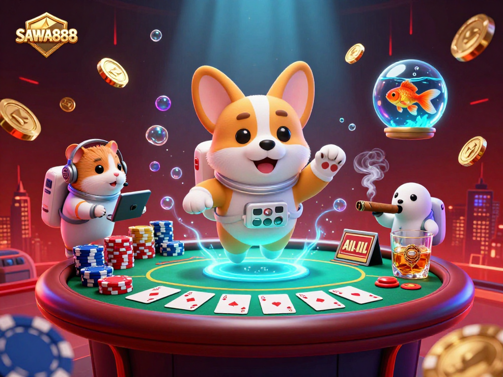 Experience exciting slots at SAWA888 with colorful poker elements and vibrant 3D characters.