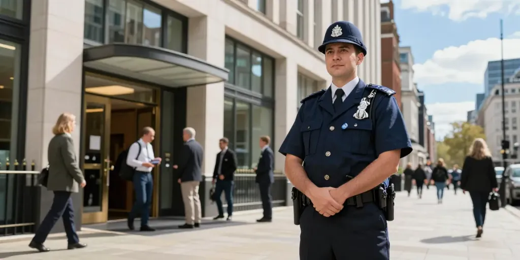 Security Guard providing safety at a professional corporate building in London.