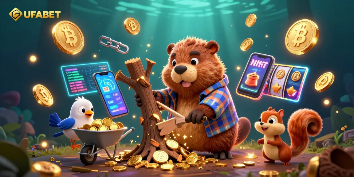 Experience UFABET's vibrant gambling scene with cartoon characters enjoying slot games and treasure.