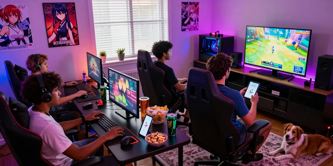 Group of gamers enjoying ecchigames on multiple devices in a cozy living room, vibrant gaming atmosphere.