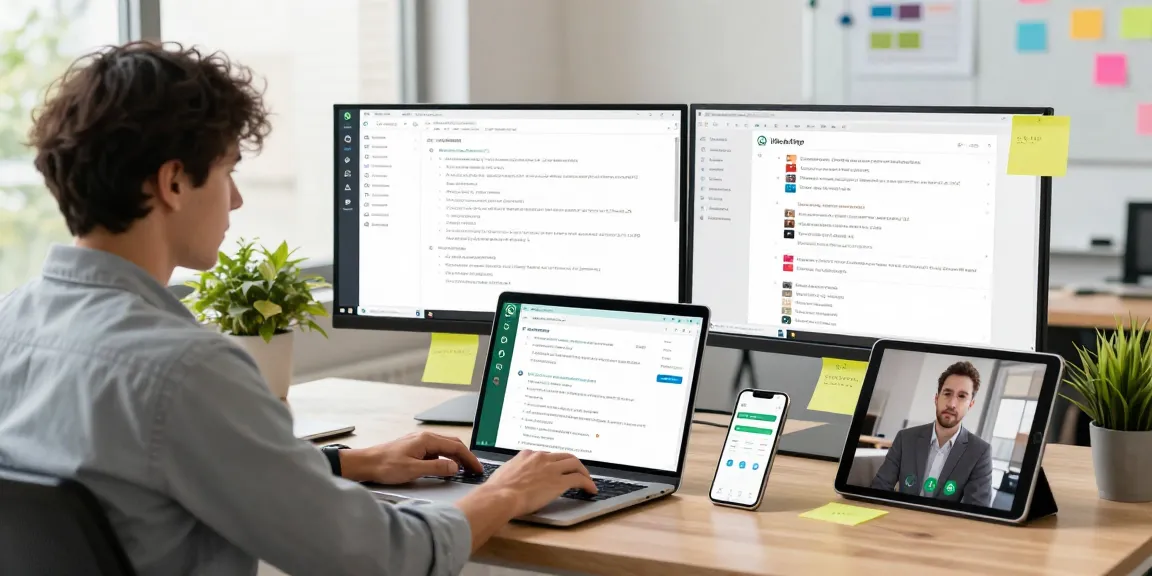 Professional using WhatsApp網頁版 in a modern office workspace, showcasing productivity tools.