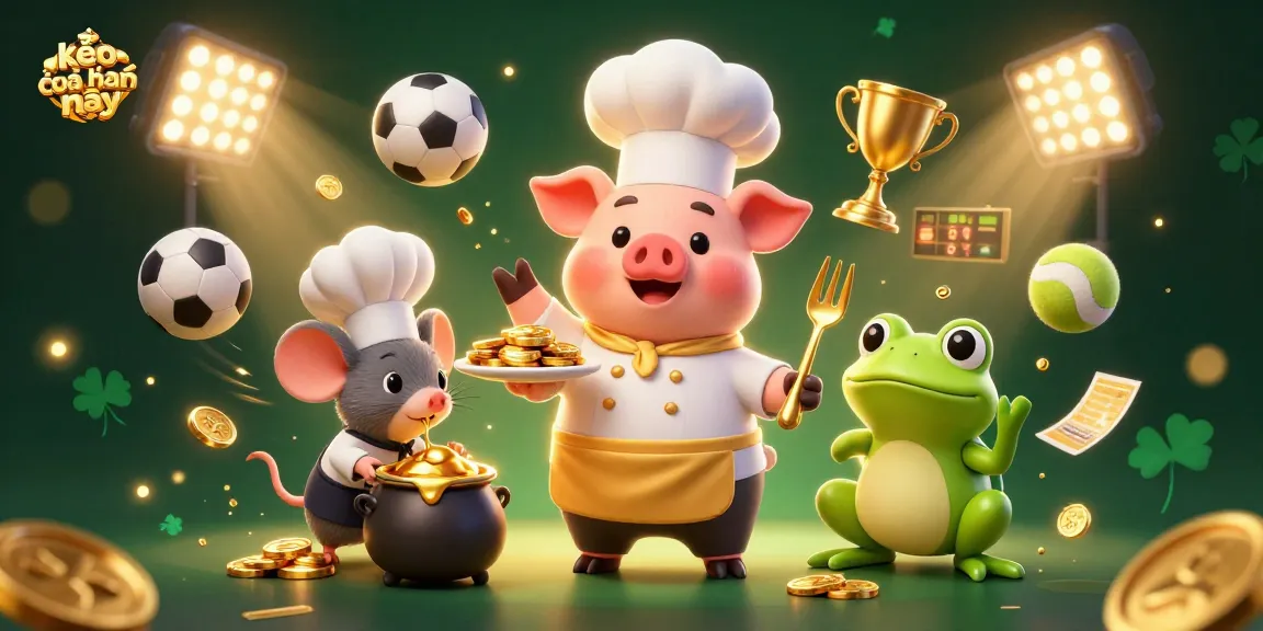 Experience kèo nhà cái hôm nay with a vibrant 3D gaming scene featuring chef pig serving gold coins.