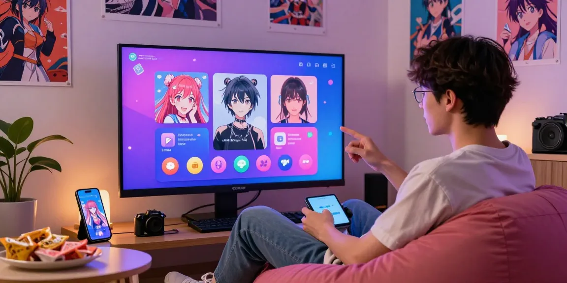 Enjoying ecchi chat with AI characters in a cozy home setup, showcasing vibrant digital interaction.