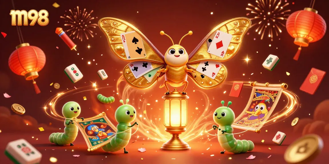 Engage with m98's vibrant casino-themed illustration showcasing golden moths and festive gaming elements.