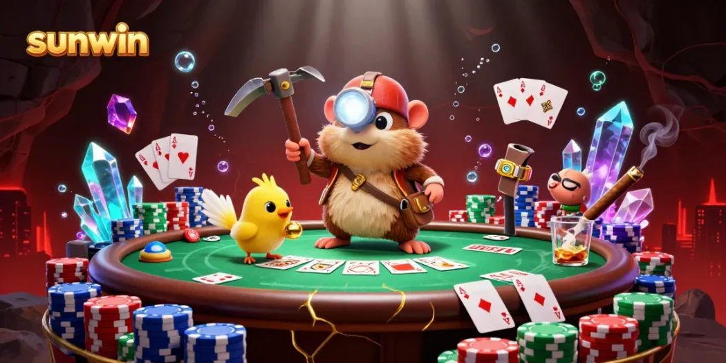 Sunwin engages players with an exciting poker scene featuring the cherished treasure hunter and his canary.