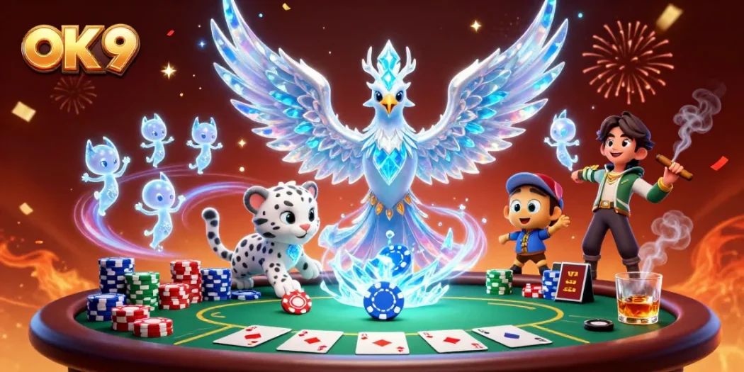 Engage with OK 9's casino adventure featuring an ice phoenix and poker elements in vibrant 3D.