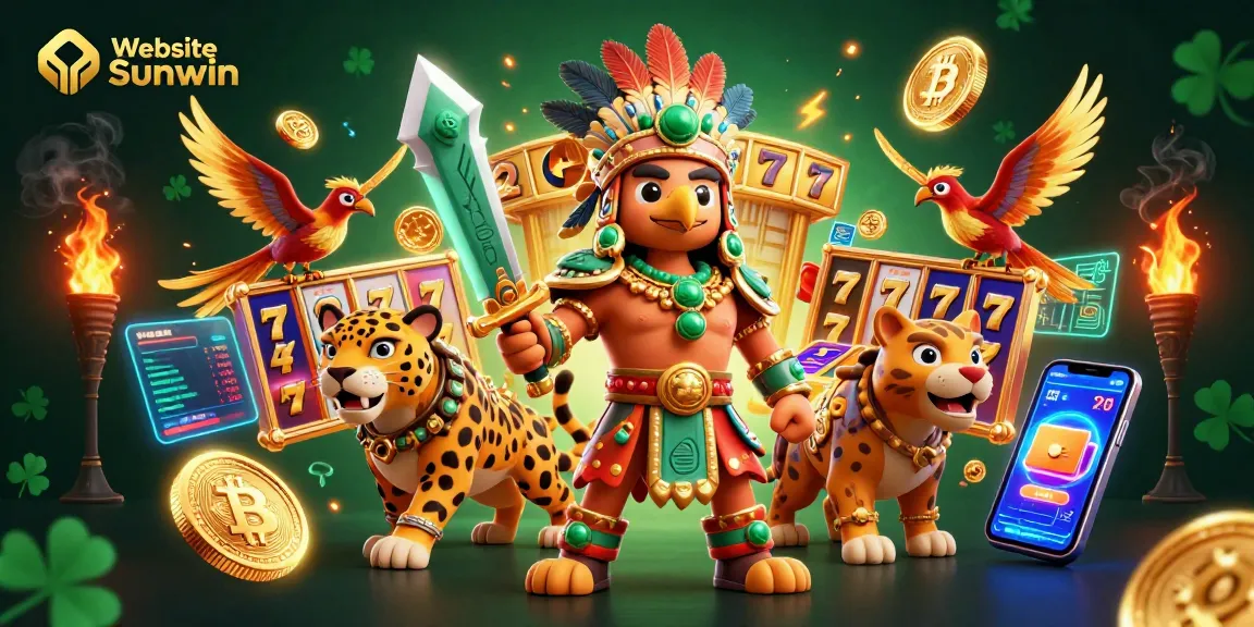 Engage in thrilling gameplay with Website Sunwin featuring Aztec warriors surrounded by vibrant slot elements.