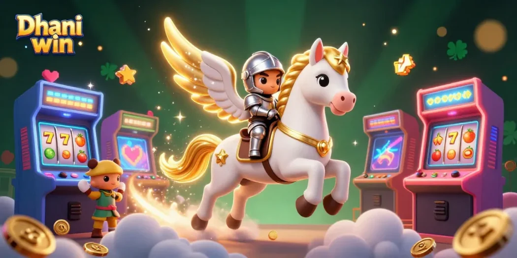 Dive into the excitement of Dhani win with vibrant arcade machines, a celestial horse, and thrilling casino action.