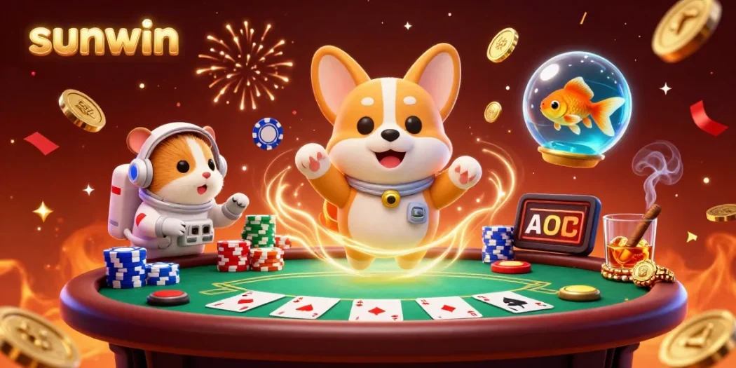 Experience exciting gaming with sunwin as a corgi astronaut floats inside a casino surrounded by poker chips and confetti.
