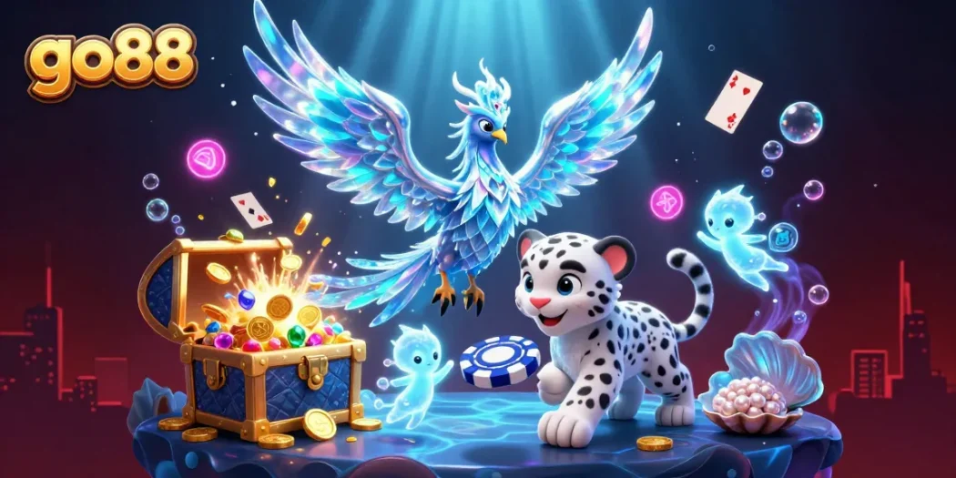 Play exciting games at go88 with a lively 3D illustration featuring a phoenix, poker chip, and casino elements.