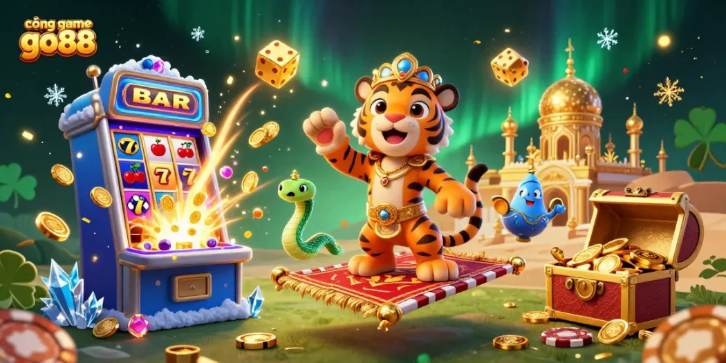 Play at cổng game go88 with an Arabian Nights-themed illustration featuring exciting casino elements.