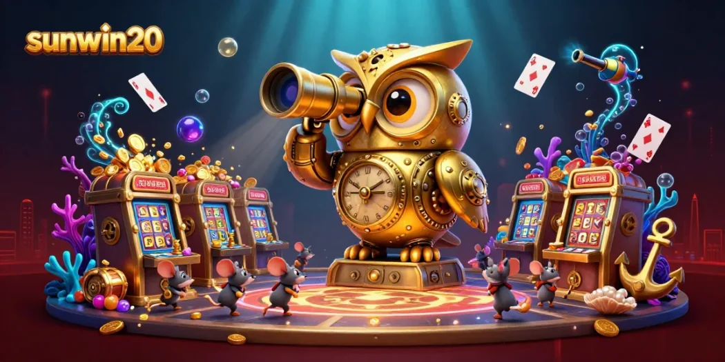 Engage with sunwin20's vibrant casino atmosphere featuring a golden owl and bustling patrons.