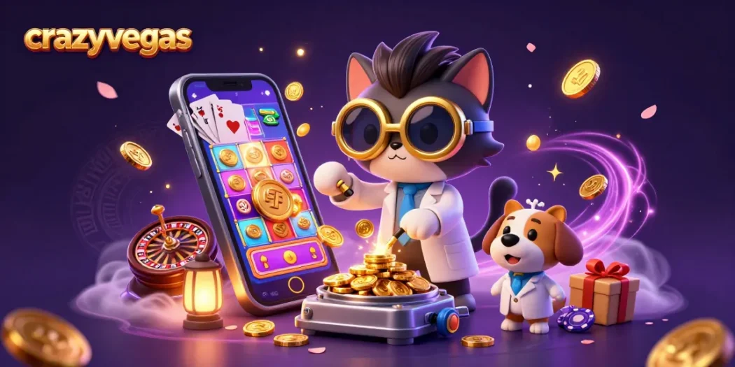 Experience thrilling gameplay at crazyvegas with a mad scientist cat and dog creating riches amidst slot games and jackpots.