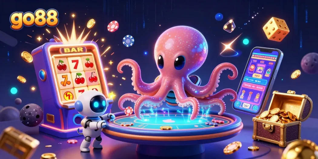 Join the fun at go88 with a vibrant alien octopus playing poker amidst a jackpot explosion.